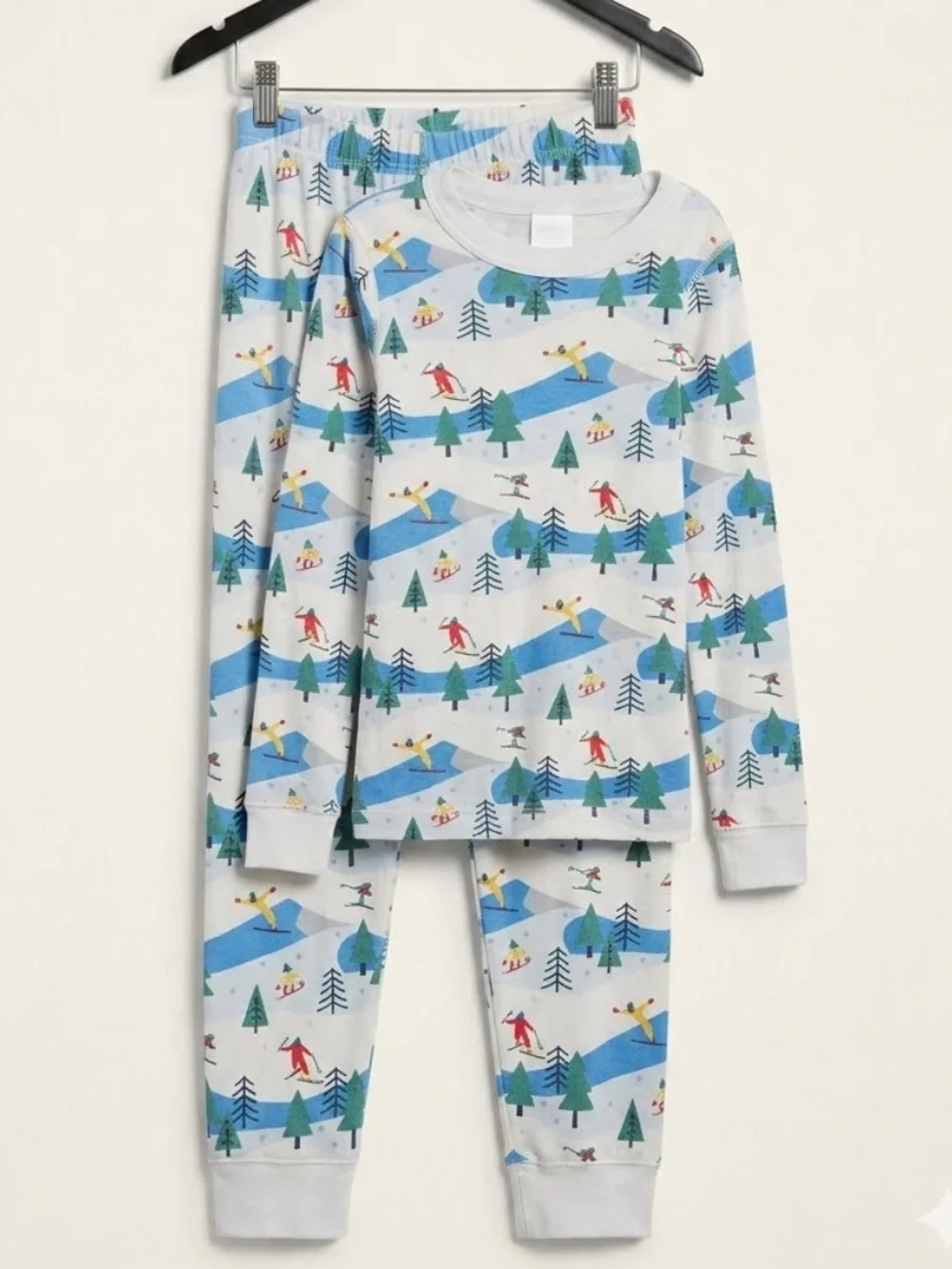 Mini Boden Light Gray Ski Scene Pajama Set with Blue and Green Accents